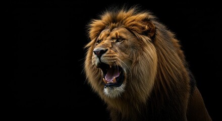 Fototapeta premium Powerful lion roars, showcasing his strength and wild beauty in dark background
