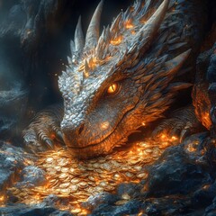A silver dragon resting on a pile of gold coins in a dark cave with glowing embers around it