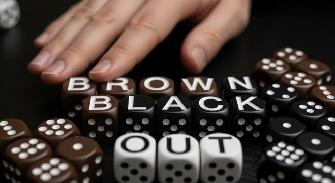 Hand arranging dice spelling brown black out on a dark surface, symbolizing power failure or energy crisis.
