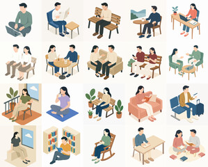 Isometric Family Activity Illustration: Detailed People Engaged in Indoor Hobbies