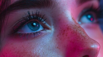 realistic close up blue eye with lashes in neon cyberpunk lighting