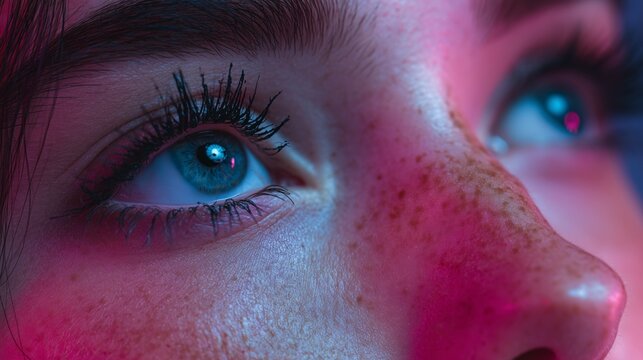 realistic close up blue eye with lashes in neon cyberpunk lighting