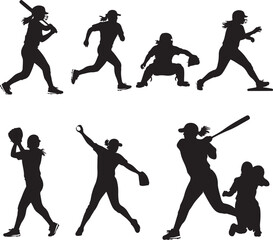 Silhouetted Softball Players in Action Hitting Running Catching and Pitching.