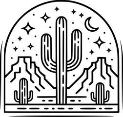 Desert cactus landscape at night with stars and crescent moon