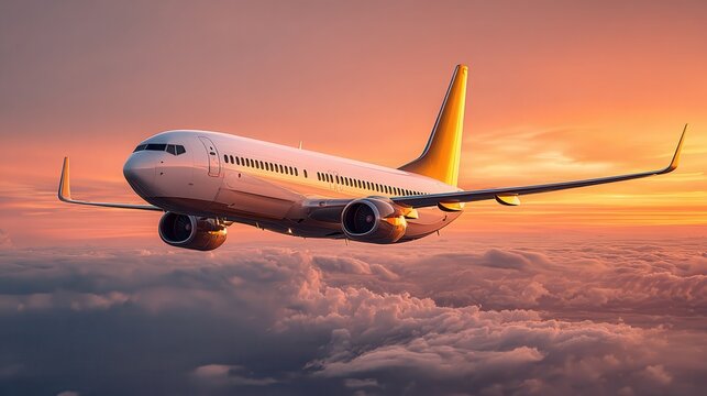 a completely white boeing 737 with a yellow rear stabilizer flying high above the clouds at sunset, beautiful orange sunser colors, close up view from the side.