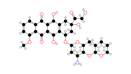 pirarubicin molecule, structural chemical formula, ball-and-stick model, isolated image antineoplastic