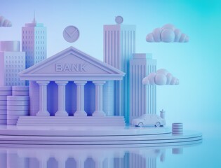 Stylized 3d rendering of a bank building in a modern city with skyscrapers, coins, and a car.