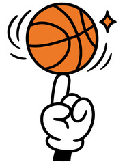 cheerful cartoon hand in a white glove spinning an orange basketball on its index finger, with sparkle and motion lines indicating movement