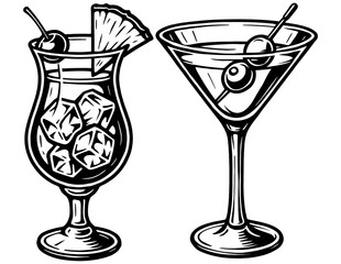 Tropical drink in hurricane glass and martini with olives side by side.