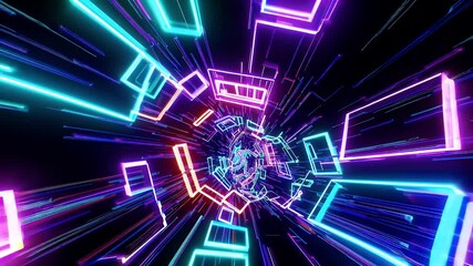 Futuristic 4K animation features glowing data boxes flying through a neon lit digital tunnel ideal for tech themed content virtual worlds or abstract sci fi environments - Powered by Adobe