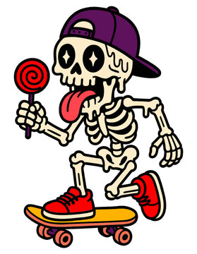 spooky cartoon skeleton character wearing a purple backward baseball cap and red sneakers, skateboarding while licking a red lollipop