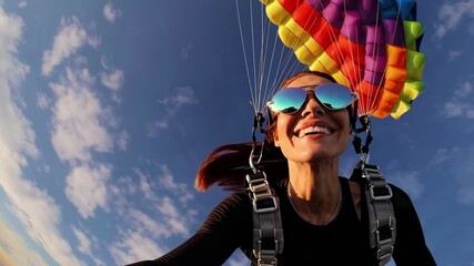 Smiling woman skydiving with colorful parachute against clear sky, joyful extreme sports moment captured midair in thrilling high-altitude scene