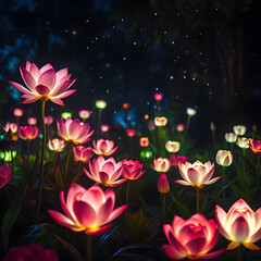 night garden glows with an ethereal light, showcasing a magical field of illuminated pink, purple, and yellow blossoms