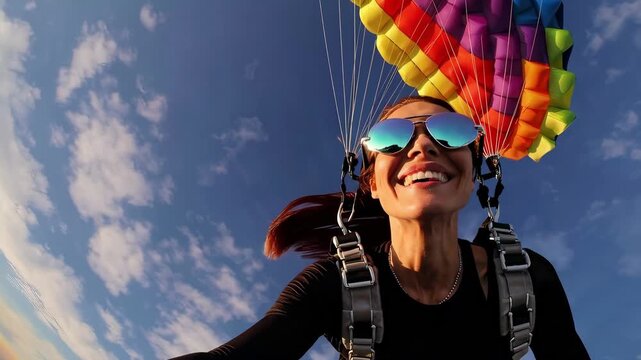 Smiling woman skydiving with colorful parachute against clear sky, joyful extreme sports moment captured midair in thrilling high-altitude scene