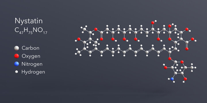 nystatin molecule 3d rendering, flat molecular structure with chemical formula and atoms color coding