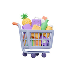A cartoon shopping cart overflowing with groceries and shopping bags, isolated on white.