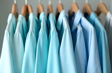 Obraz premium Many shirts in a pleasant mint color scheme on hangers in the wardrobe, quality of cotton men's shirts, modern business style, set-in sleeves, turn-down collars of shirts, pastel shades