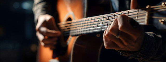 Close-up of hands strumming an acoustic guitar expressing musical passion   -