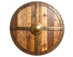 Oval Roman-Inspired Wooden Shield with Brass Edge Trim and Vertical Grip, Side View, Isolated on Transparent Background PNG