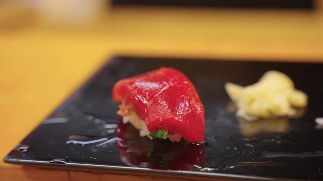 Fresh Chutoro Maguro Nigiri Sushi in Tokyo, Close Pan Shot 4k