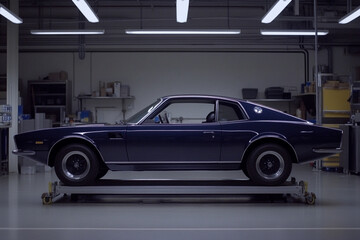 Fototapeta premium Hydraulic lift elevates vehicle in modern workshop setting