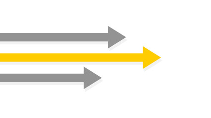 Three arrows pointing to the right, with a yellow arrow in the center appearing to move ahead of two gray arrows. Competition and leadership concept.