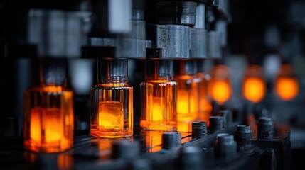 A close-up of the machine that forms glass bottles for liquid products, with orange light illuminating from inside its body and dark gray metal parts on top. The background is.