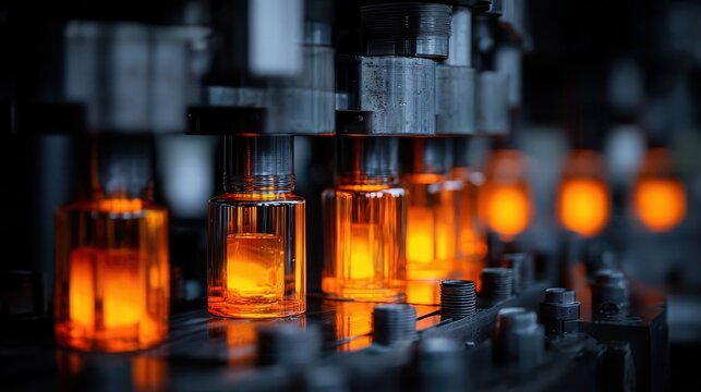 A close-up of the machine that forms glass bottles for liquid products, with orange light illuminating from inside its body and dark gray metal parts on top. The background is. - Powered by Adobe