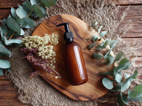 Amber bottle of cosmetic product sits amongst dried flowers and eucalyptus on a wooden board, conveying a natural beauty concept.