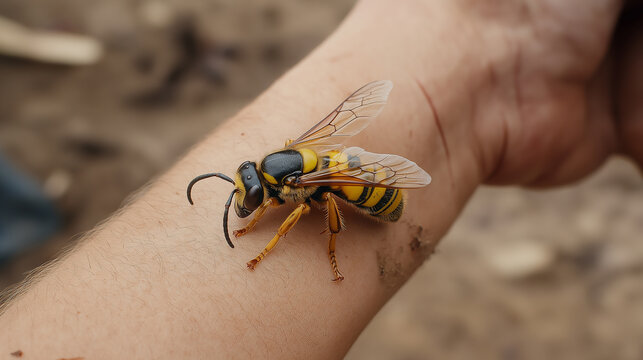 Close-up of a Wasp on an Arm Featuring Insect, Sting, Arm, and Macro Nature Wildlife Scene.