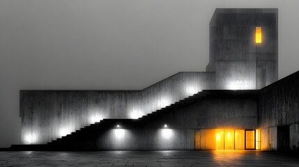 Low-Angle View of a Brutalist Concrete Building at Night, Featuring Striking Orange Illumination and Minimalist Architectural Forms
