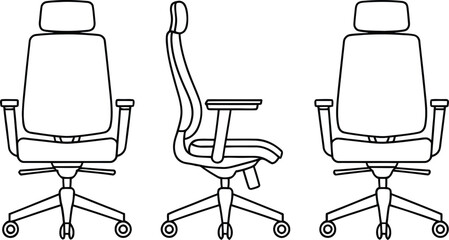 Ergonomic Office Chair Line Art Illustration with Front and Side Views