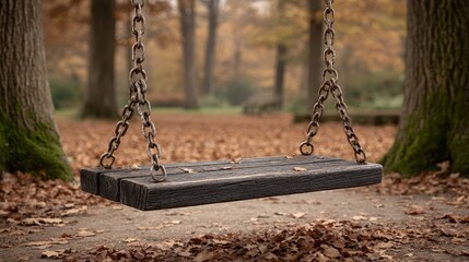 Swaying swing in an empty playground autumn park gigapixel standard seasonal leaves tranquil environment