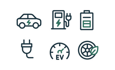 Electric vehicle icons: charging, battery, and eco-friendly design in linear style
