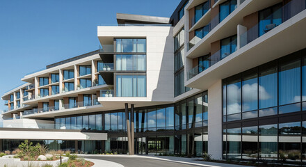 A modern luxury hotel with clean lines, neutral tones, glass, and lush landscaping under daylight.
