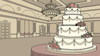 Wedding cake in ballroom illustration for event planning and party decoration design and celebration