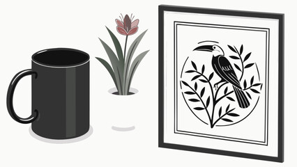 Still life black mug flower pot framed toucan art print decorative office decor home interior design