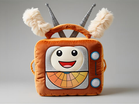 A charming and cheerful plush toy, designed as a vintage television set with a wide smiling face, whimsical fluffy antennae ears, and colorful details, perfectly blending retro nostalgia 