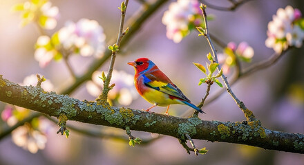 Fototapeta premium Vibrant Painted Bunting Perched on Branch with Spring Blossoms Wildlife Photography