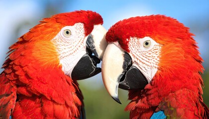 Fototapeta premium Close-up of two scarlet macaws facing each other (1)