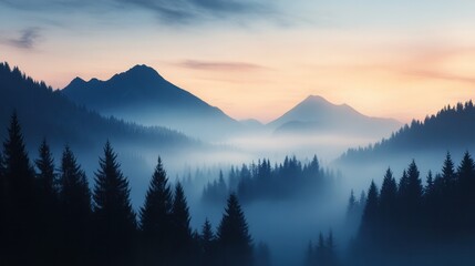Obraz premium Serene Mountain Landscape: An awe-inspiring vista unfolds, where majestic mountains pierce the tranquil morning sky. The forest is filled with morning mist and atmospheric perspective.
