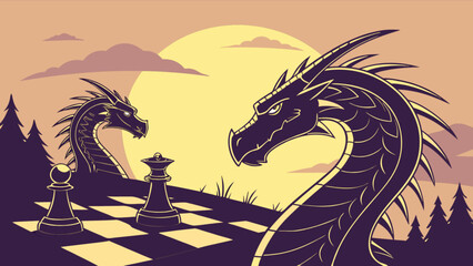 Dragons chess game strategy illustration fantasy art mythical creatures board game design concept art vector