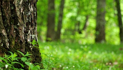 Naklejka premium Lush forest floor with a tree trunk