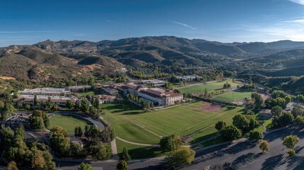 Obraz premium Panoramic aerial view of campus nestled in valley, mountains in background
