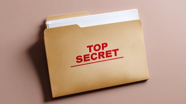 A golden folder labeled "TOP SECRET" lies flat on a surface, suggesting confidentiality and classified information.