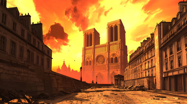 Desolate Parisian cityscape at fiery sunset, Notre Dame cathedral amidst ruins