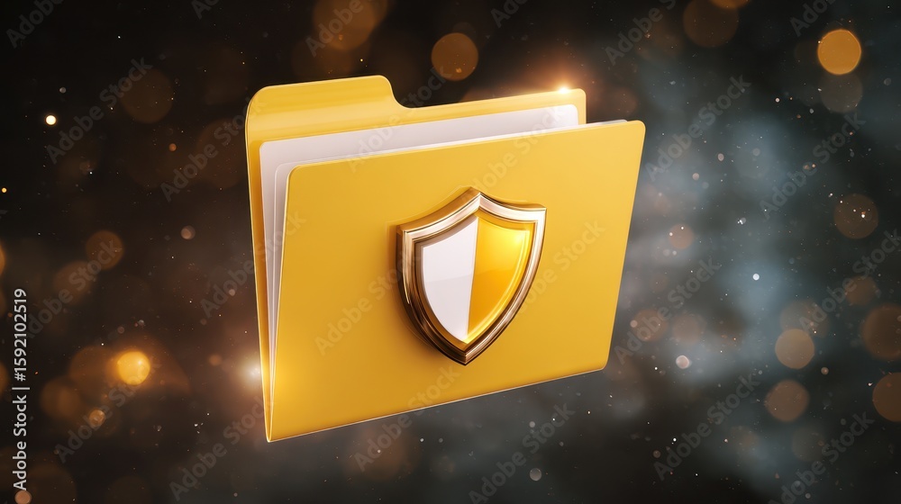 Poster a yellow folder with a security shield icon against a bokeh background, symbolizing data protection 