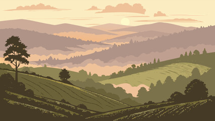 Scenic landscape illustration of rolling hills and mountains at sunset vector background nature illustration