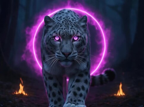 Snow Leopard Walking with Neon Circle and Fire in Dark Environment