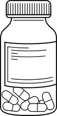 Outline illustration of a pill bottle with capsules and blank label